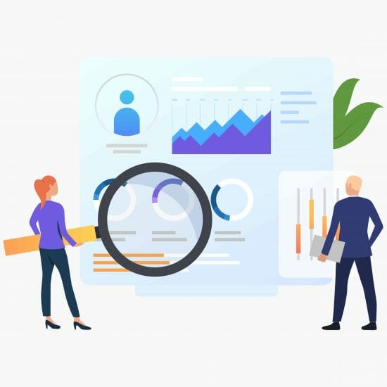 Seo rank your pages better, businesspeople with magnifying glass at charts vector illustration. Business research, analysis, audit. Marketing concept. Creative design for layouts, web pages, banners